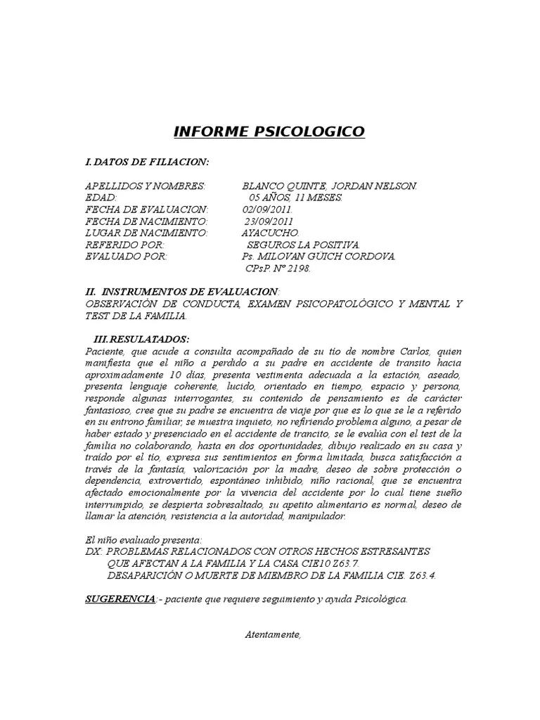 Informe Psicológico Clínico Infantil: Evaluación Y Recomendaciones ...