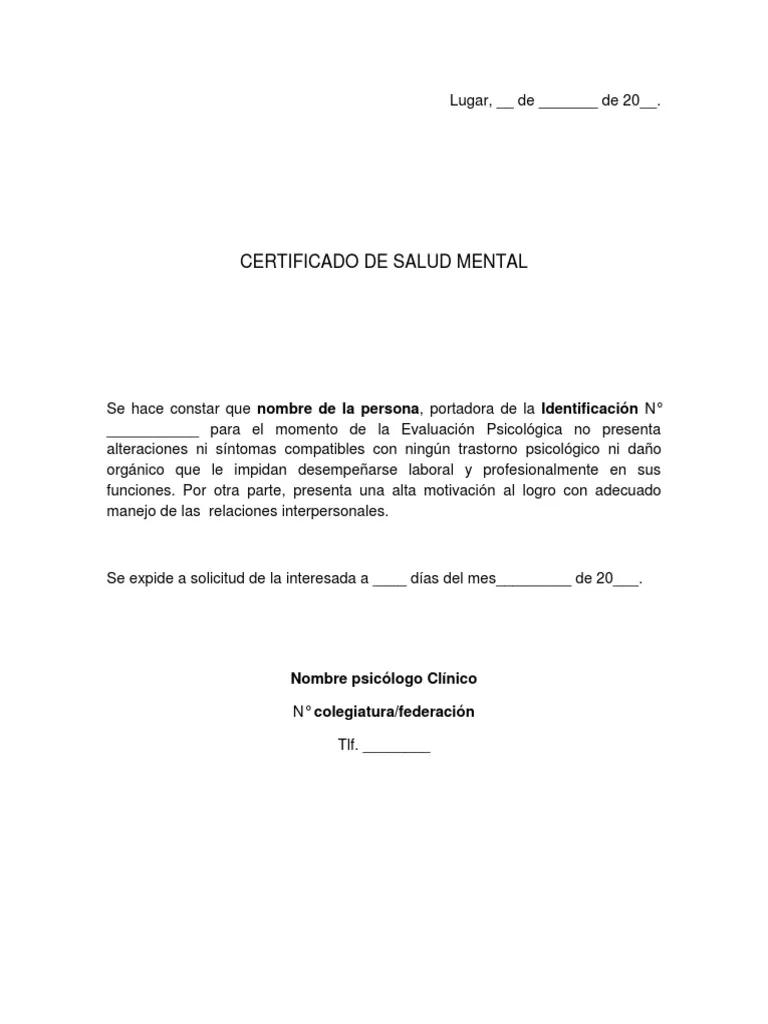 modelo certificado psicologico de salud mental - Qué debe decir un certificado de salud mental