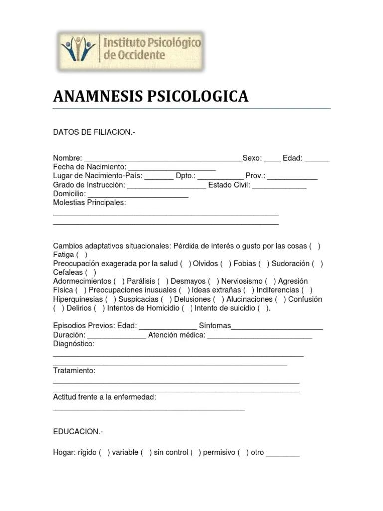 anamnesis psicologica word - Qué es la anamnesis en Psicologia PDF