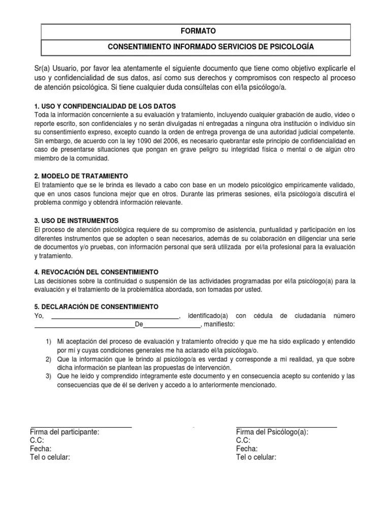 modelo de consentimiento informado psicologia - Qué es un consentimiento informado en la psicología