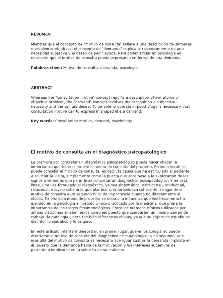 motivo de consulta en psicologia ejemplo - Qué se pone en motivo de consulta en un informe psicológico